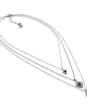 Collana 3 catene occhio egiziano. Chiusura regolabile con moschettone. Placcato in argento.