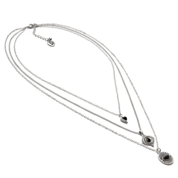 Collana 3 catene occhio egiziano. Chiusura regolabile con moschettone. Placcato in argento.